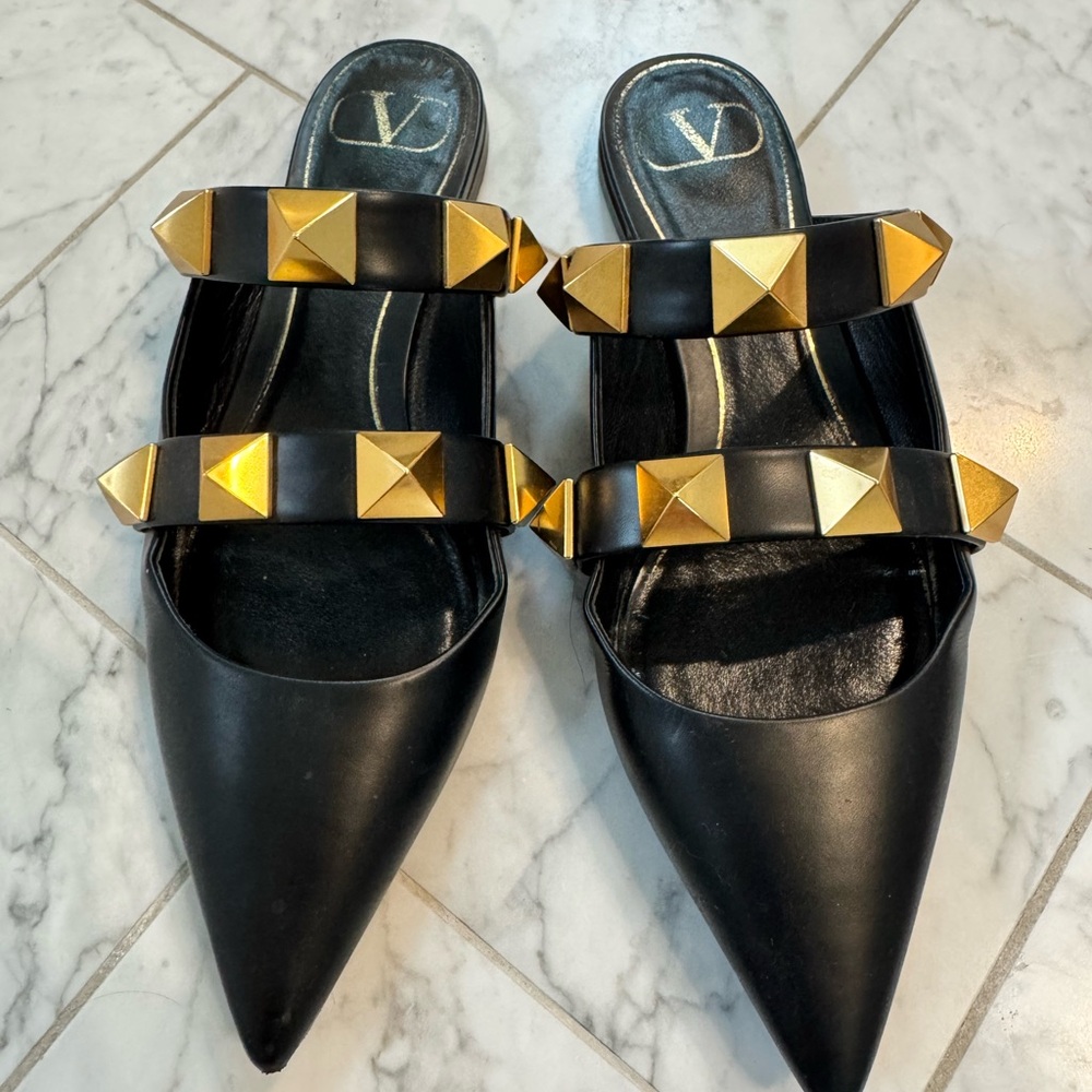 Valentino Black and Gold Studded Women's Mules